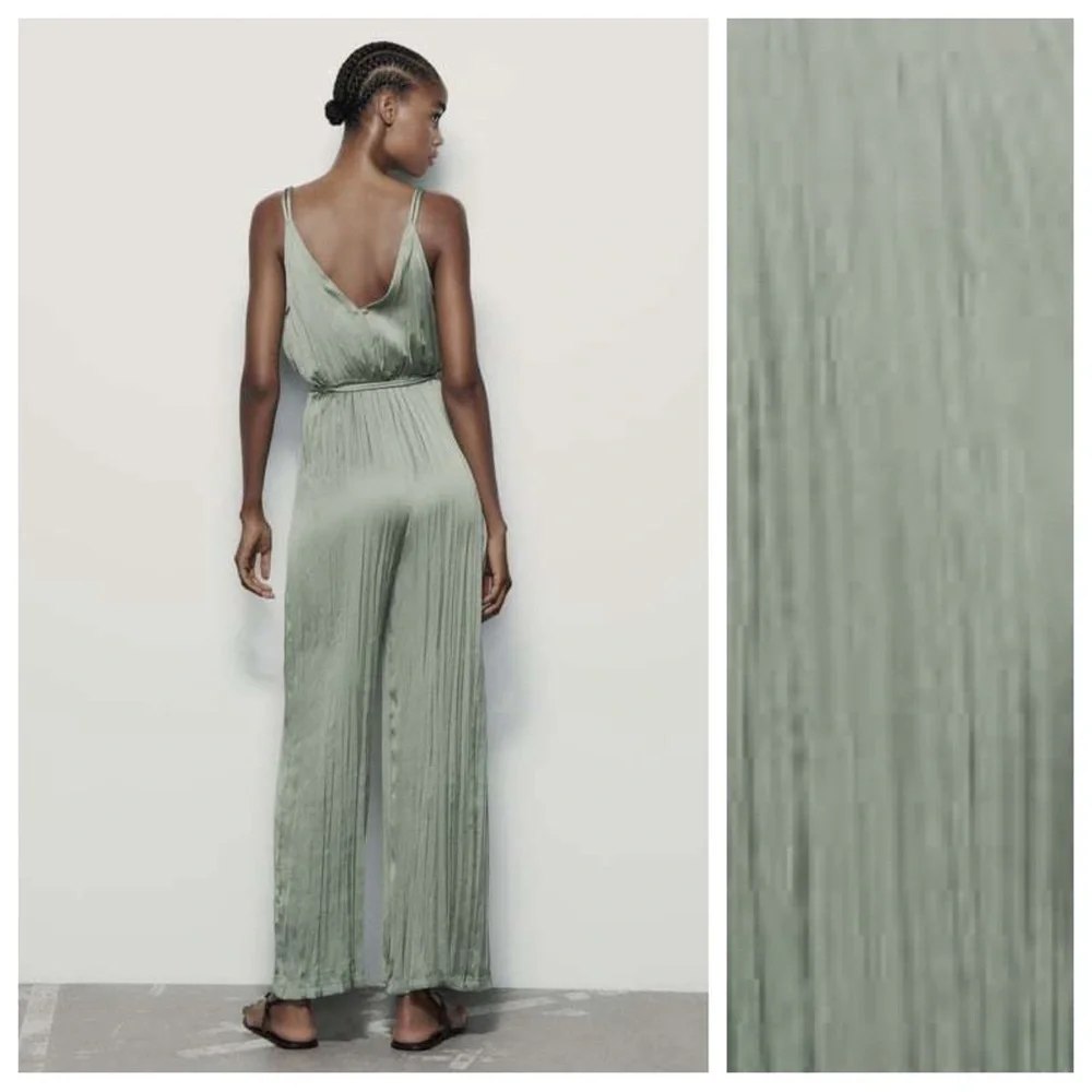 NWT. Zara Green Satin Effect Wrinkled Effect/Pleaded Jumpsuit. Size L. - Picture 3 of 9